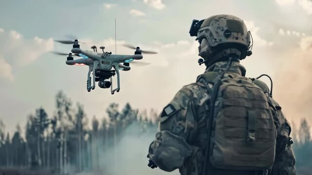 back view of soldier in military clothes using modern drone 