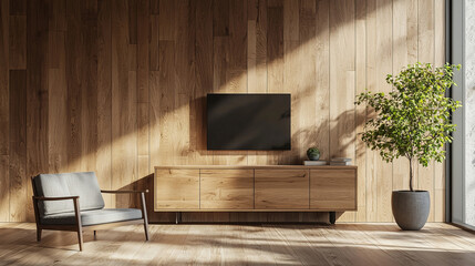 Minimalist living room with wooden decor and modern furniture in natural lighting