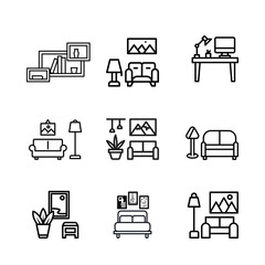 Home interior icon set. Furniture and house decoration vector illustration. Solid icons collection.