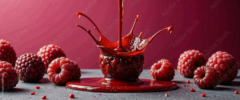 Aufkleber a close up of a bunch of raspberries with a splash of red paint on them. the raspberries are arrange