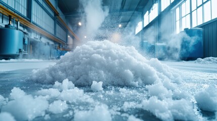 The image features an industrial setting with a distinct pile of a snow-like substance, suggesting a process that involves freezing or cooling components within the facility.
