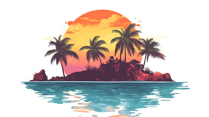 A serene island scene at sunset with palm trees and calm waters.