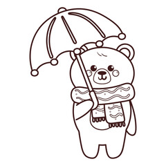 cute hand drawing cartoon bear wearing scarf and umbrella coloring page illustration