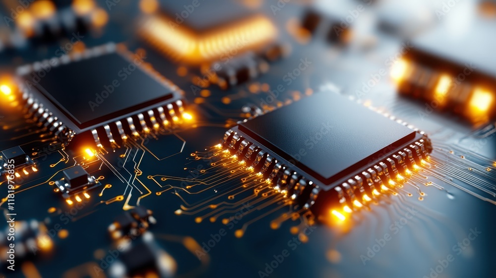 Poster a captivating close-up view of microchips on a circuit board, showcasing the intricate details and g