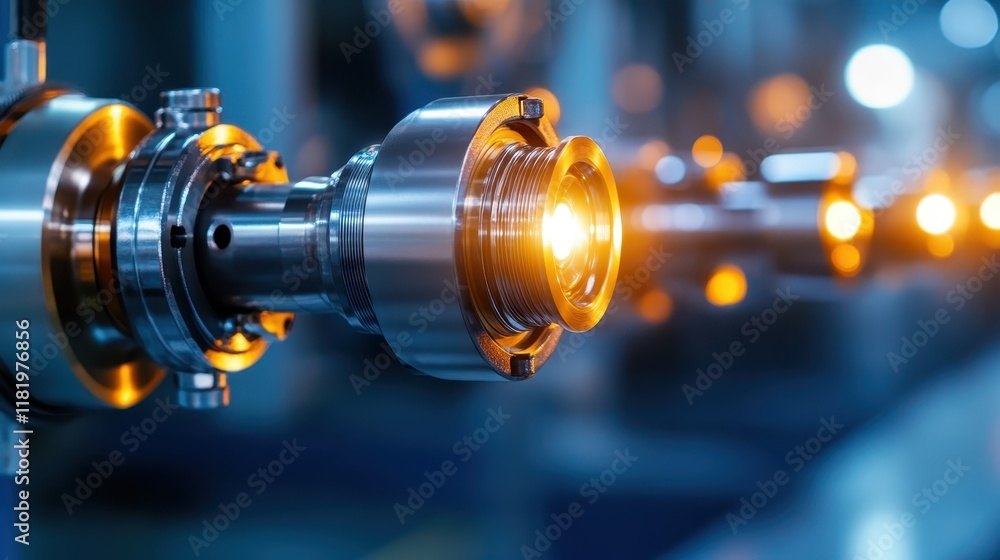 Aufkleber an artistic capture of metallic machine components illuminated by warm light, creating a mesmerizing