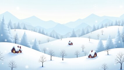 A seamless winter landscape pattern of snowy hills, leafless trees, and distant mountains. Glowing cottages and drifting snowflakes evoke a tranquil, frosty ambiance, perfect for seasonal d&eacute;cor.