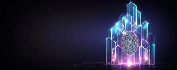 A futuristic design featuring glowing geometric shapes and a central patterned orb, set against a dark background.