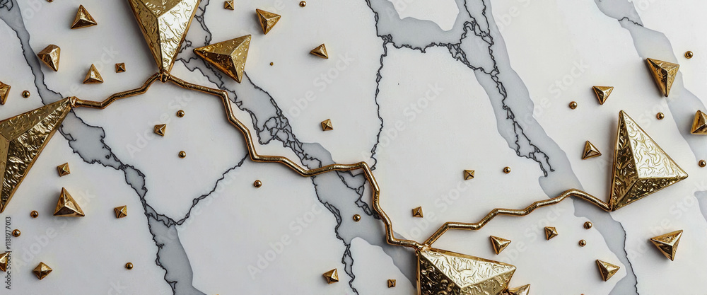 Poster a white marble countertop with gold triangles and gold dots on it. the gold triangles are arranged i
