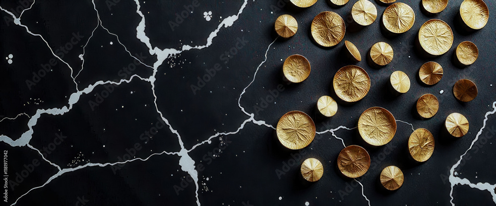 Poster a black and white photo of gold and silver objects on a black background. the objects are arranged i