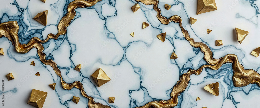 Poster a white marble countertop with gold triangles and gold dots on it. the gold triangles are arranged i