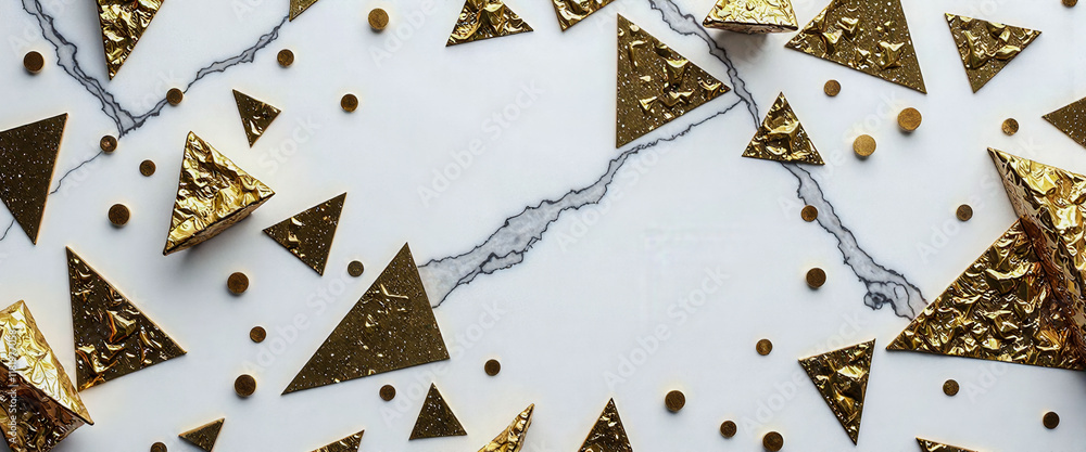 Poster a white marble countertop with gold triangles and gold dots on it. the gold triangles are arranged i