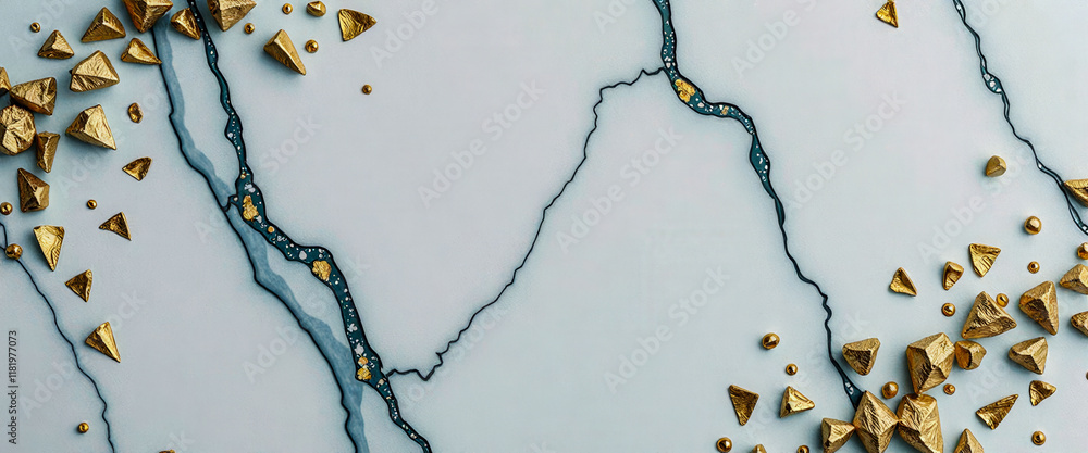Poster a white marble countertop with gold triangles and gold dots on it. the gold triangles are arranged i
