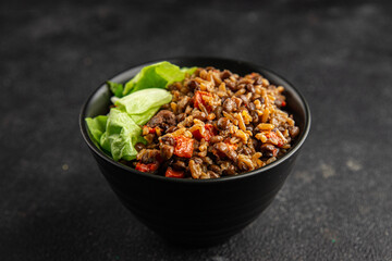 Rice lentil and vegetables snack fresh tasty food dish vegetarian vegan food no meat delicious gourmet food background on the table rustic food top view copy space keto and paleo diet