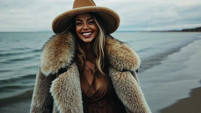 Smiling woman in a fur coat and wide-brimmed hat enjoying a beach stroll on a cloudy day by the water