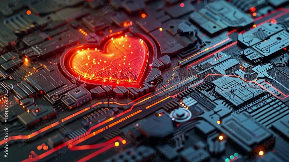 Poster A stunning display of a heart shape formed by intricate circuitry, illuminated with bright, glowing lights on a dark background, emphasizing the blend of technology and emotion.