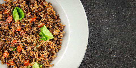 Rice lentil and vegetables snack fresh tasty food dish vegetarian vegan food no meat delicious gourmet food background on the table rustic food top view copy space keto and paleo diet