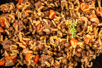 Rice lentil and vegetables snack fresh tasty food dish vegetarian vegan food no meat delicious gourmet food background on the table rustic food top view copy space keto and paleo diet