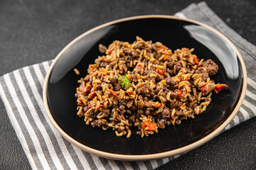 Rice lentil and vegetables snack fresh tasty food dish vegetarian vegan food no meat delicious gourmet food background on the table rustic food top view copy space keto and paleo diet