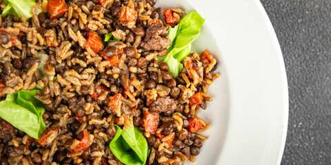 Rice lentil and vegetables snack fresh tasty food dish vegetarian vegan food no meat delicious gourmet food background on the table rustic food top view copy space keto and paleo diet