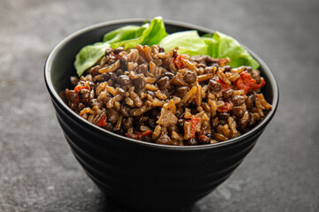 Rice lentil and vegetables snack fresh tasty food dish vegetarian vegan food no meat delicious gourmet food background on the table rustic food top view copy space keto and paleo diet