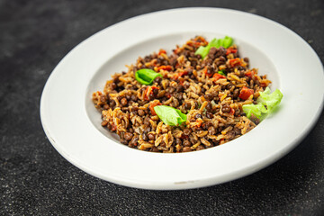 Rice lentil and vegetables snack fresh tasty food dish vegetarian vegan food no meat delicious gourmet food background on the table rustic food top view copy space keto and paleo diet