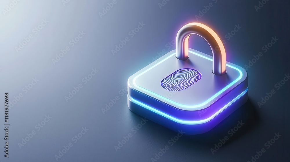 Poster a futuristic padlock with glowing edges and a fingerprint scanner, symbolizing advanced security and
