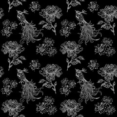Fototapeta premium Abstract botanical blooming seamless pattern with hand drawn flower in Toile de jouy porcelain style. Retro elegance repeat print