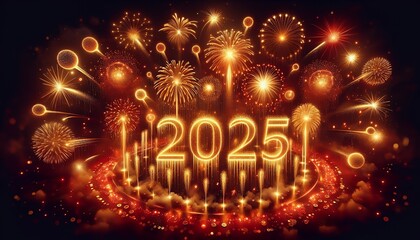 Vibrant fireworks will light up the night sky, ushering in the year "2025" in a dazzling display of light and color.
