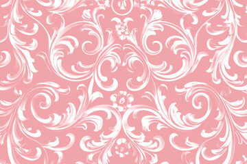 pastel pink ornate damask pattern with vintage floral filigree, baroque motifs, elegant rococo curls, and decoration for romantic wedding and classic victorian design