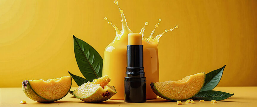 A tube of lotion is placed on top of a pile of fruit, including a banana and an orange