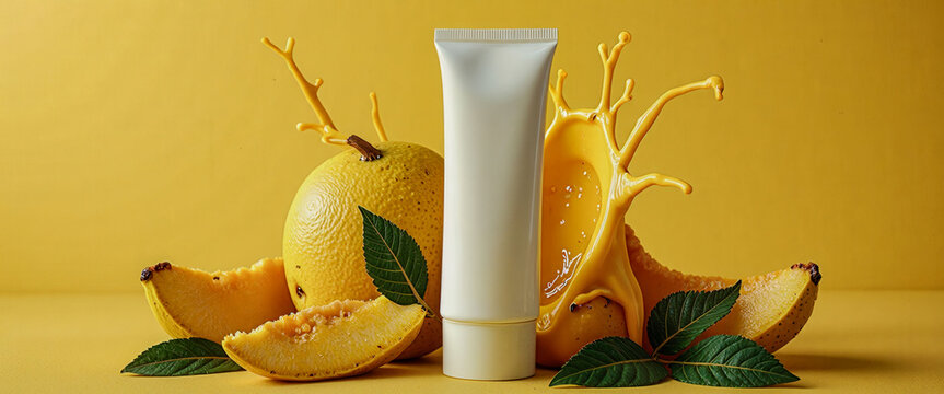 A tube of lotion is placed on top of a pile of fruit, including a banana and an orange