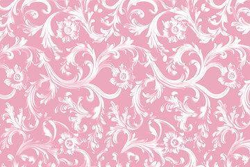 pastel pink ornate damask pattern with vintage floral filigree, baroque motifs, elegant rococo curls, and decoration for romantic wedding and classic victorian design