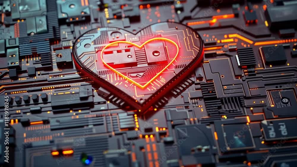 Poster a striking heart shape glows in vibrant red against a dark circuit board background.