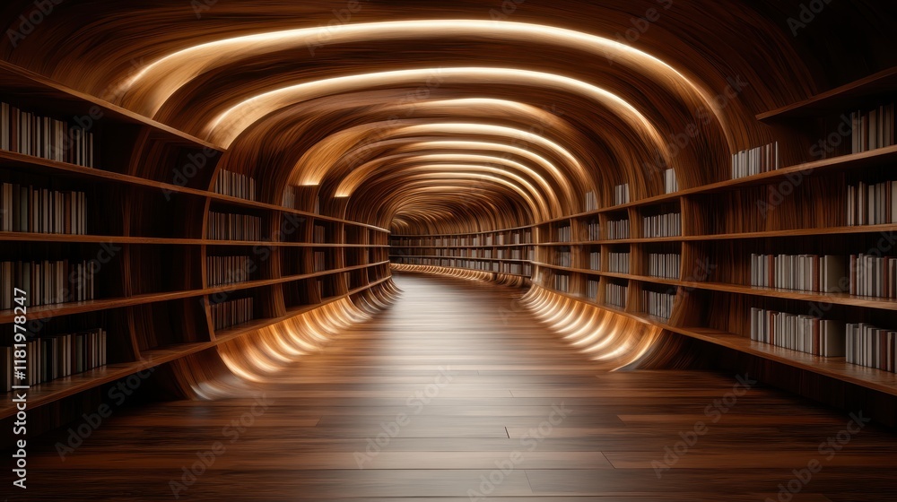 Poster an abstract depiction of a library interior showcasing flowing wooden walls that create an inviting 