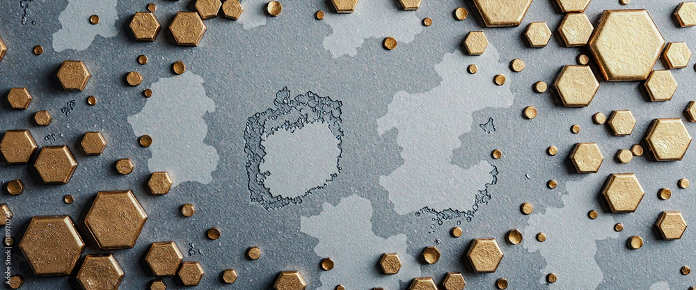 Poster a counter top with a hexagonal pattern and gold coins on it. the gold coins are scattered around the