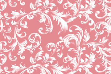 pastel pink ornate damask pattern with vintage floral filigree, baroque motifs, elegant rococo curls, and decoration for romantic wedding and classic victorian design