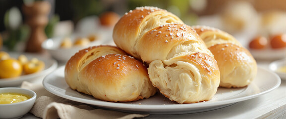 Fluffy dinner rolls with butter on elegant buffet setting, culinary delight