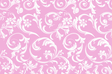 pastel pink ornate damask pattern with vintage floral filigree, baroque motifs, elegant rococo curls, and decoration for romantic wedding and classic victorian design
