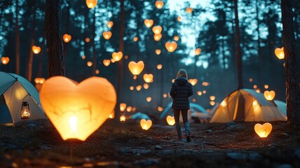 Obraz premium Heart-shaped lanterns floating above campsite, magical night, 3D illustration
