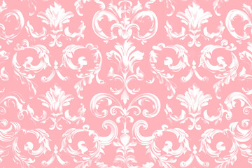 pastel pink ornate damask pattern with vintage floral filigree, baroque motifs, elegant rococo curls, and decoration for romantic wedding and classic victorian design
