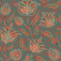 This seamless pattern features intricate brown floral designs with white accents on a deep teal background, creating a sophisticated and elegant look.