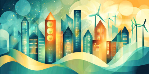 Obraz premium Energy Saving Week futuristic cityscape with illuminated skyscrapers, wind turbines, and a sustainable design theme.