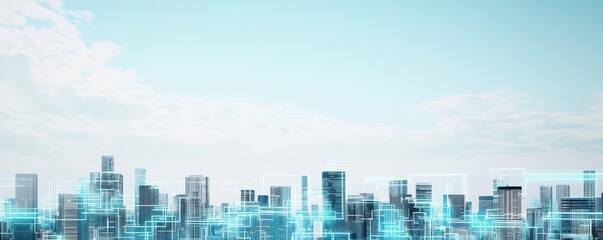 A modern city skyline with a light blue sky, featuring digital elements that suggest innovation and technology.