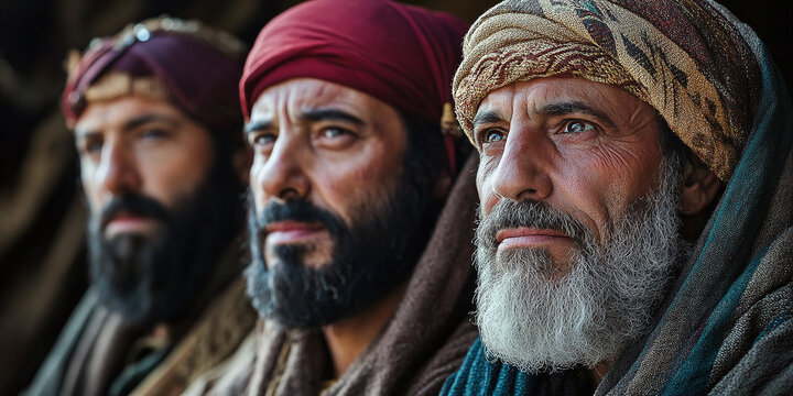 Close-up portrait of three bearded men in traditional Middle Eastern clothing, showcasing detailed facial expressions and textured fabrics. A rich, cultural depiction.