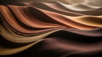 Moody atmospheric photography of an abstract background featuring layered, textured waves in warm earthy tones, with hints of golden honey, rich terracotta, and velvety chocolate, evoking the depth an