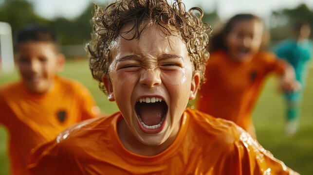 A joyful young boy in an orange soccer jersey shouts with excitement, capturing the spirit of celebration in youth sports during a sunny outdoor game with friends.
