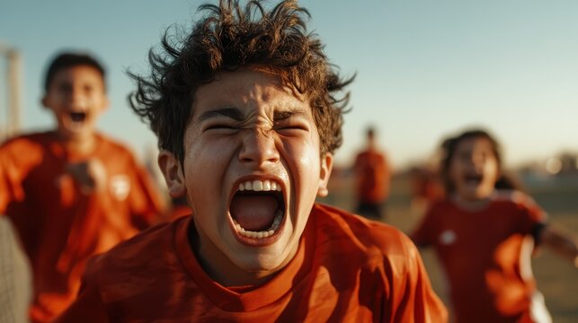 An emotional boy in a red jersey shouts passionately during a soccer game, showcasing the intensity and determination of young athletes in competitive sports. - Powered by Adobe