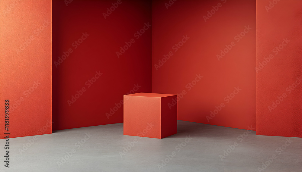 Poster minimalist red cube on a grey floor against a red wall. perfect for product display or modern design