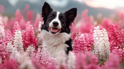 A joyful dog stands amidst vibrant pink flowers, showcasing a playful and cheerful demeanor in a beautifully natural setting filled with blooming floral beauty.