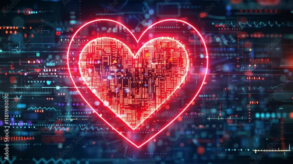 Aufkleber A captivating blend of digital elements showcases a large glowing heart shape filled with intricate patterns.
